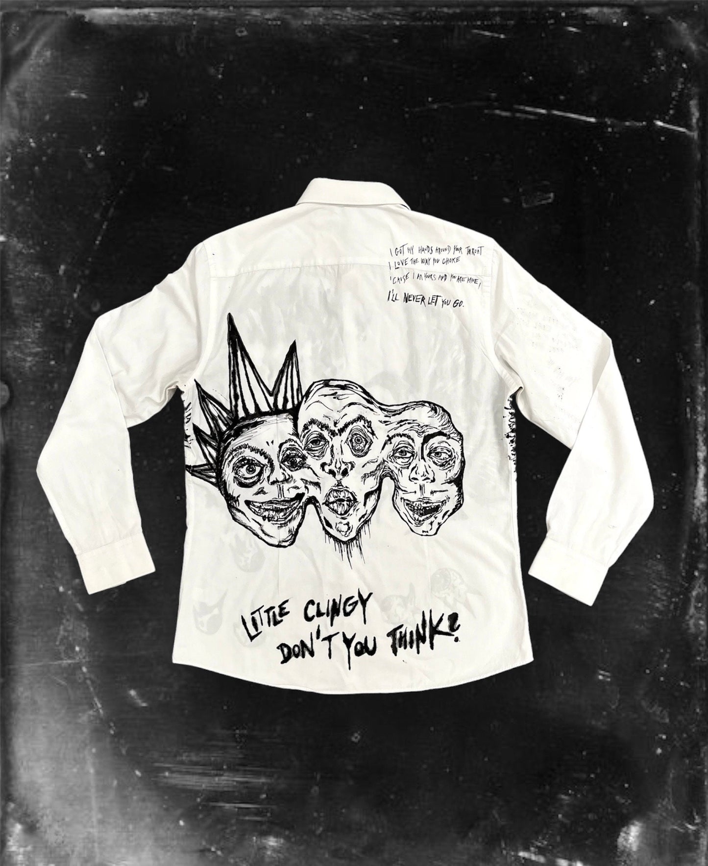 LITTLE CLINGY” Upcycled custom white longsleeved shirt