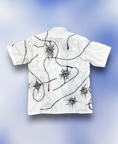 Upcycled custom white shortsleeved shirt/hand drawn eyes/blue elastic stripes stitched with red thread